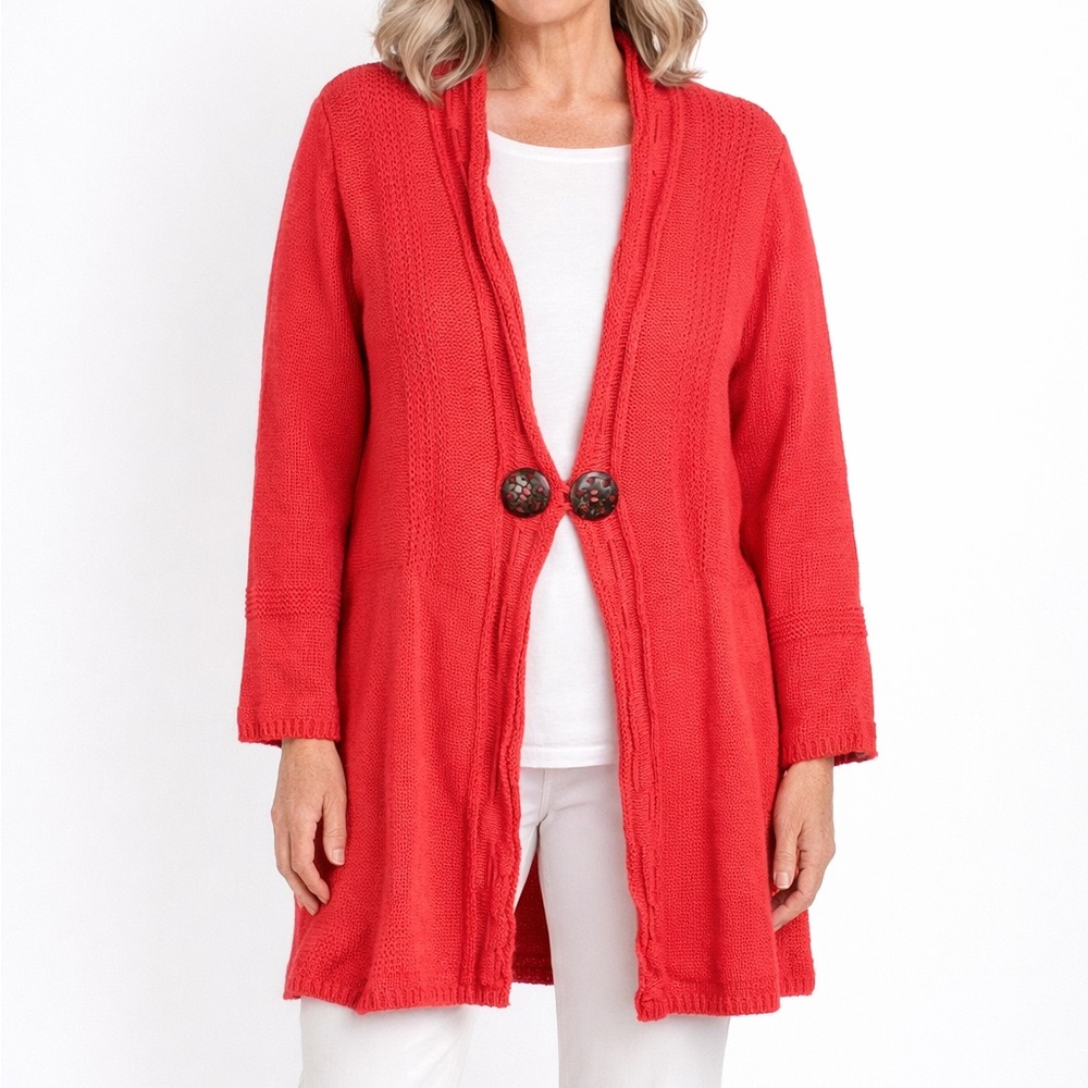 Pure Handknit Coral‎ 100% Cotton Cardigan Sweater V-Neck Lagenlook Size Large XL